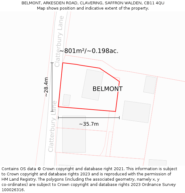 BELMONT, ARKESDEN ROAD, CLAVERING, SAFFRON WALDEN, CB11 4QU: Plot and title map