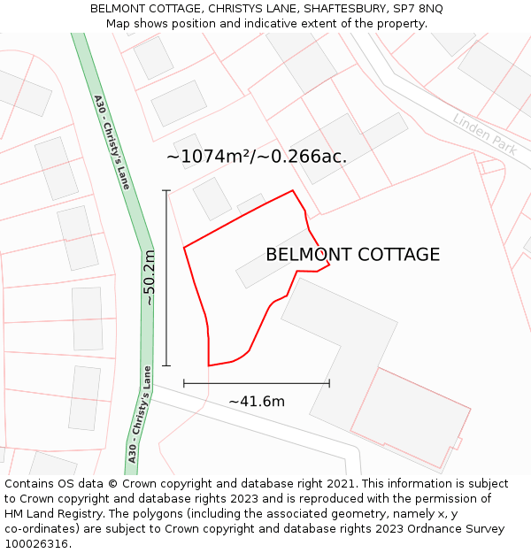 BELMONT COTTAGE, CHRISTYS LANE, SHAFTESBURY, SP7 8NQ: Plot and title map