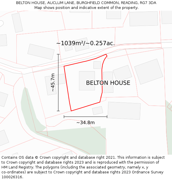 BELTON HOUSE, AUCLUM LANE, BURGHFIELD COMMON, READING, RG7 3DA: Plot and title map