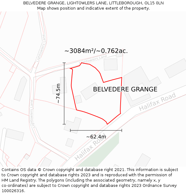 BELVEDERE GRANGE, LIGHTOWLERS LANE, LITTLEBOROUGH, OL15 0LN: Plot and title map