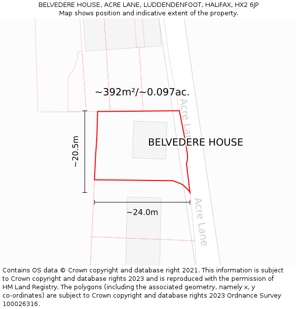 BELVEDERE HOUSE, ACRE LANE, LUDDENDENFOOT, HALIFAX, HX2 6JP: Plot and title map