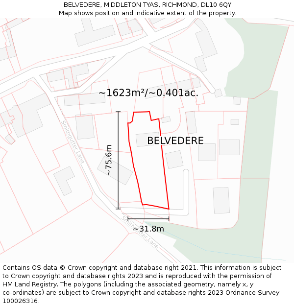 BELVEDERE, MIDDLETON TYAS, RICHMOND, DL10 6QY: Plot and title map