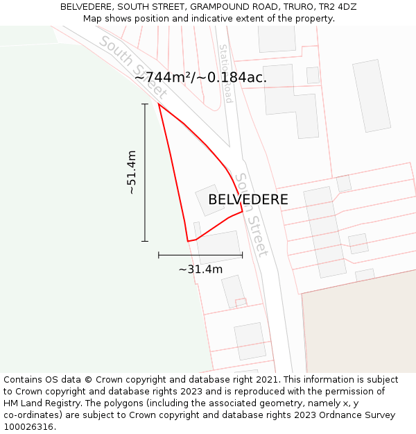 BELVEDERE, SOUTH STREET, GRAMPOUND ROAD, TRURO, TR2 4DZ: Plot and title map
