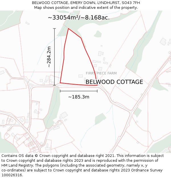 BELWOOD COTTAGE, EMERY DOWN, LYNDHURST, SO43 7FH: Plot and title map