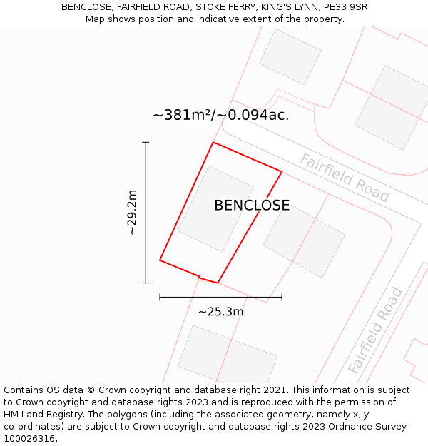 BENCLOSE, FAIRFIELD ROAD, STOKE FERRY, KING'S LYNN, PE33 9SR: Plot and title map