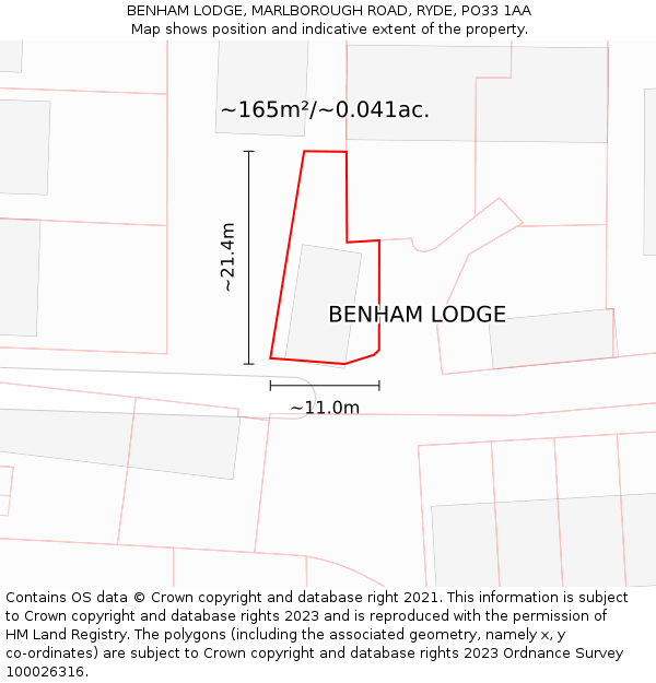 BENHAM LODGE, MARLBOROUGH ROAD, RYDE, PO33 1AA: Plot and title map