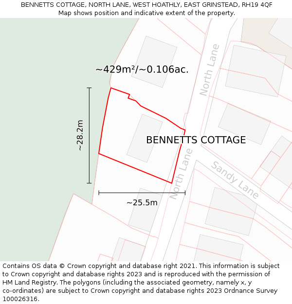 BENNETTS COTTAGE, NORTH LANE, WEST HOATHLY, EAST GRINSTEAD, RH19 4QF: Plot and title map