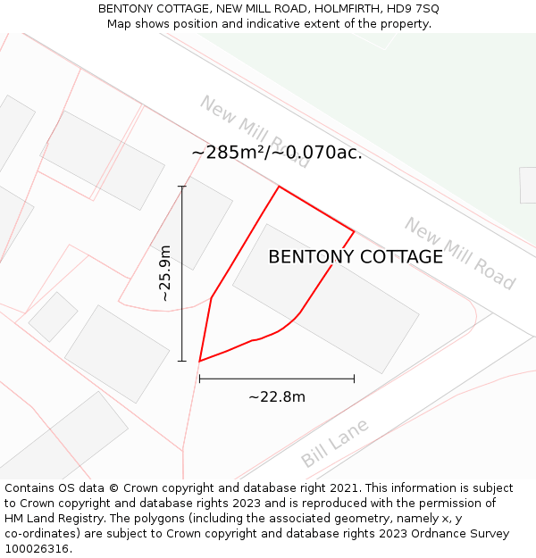 BENTONY COTTAGE, NEW MILL ROAD, HOLMFIRTH, HD9 7SQ: Plot and title map