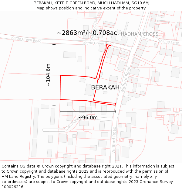 BERAKAH, KETTLE GREEN ROAD, MUCH HADHAM, SG10 6AJ: Plot and title map