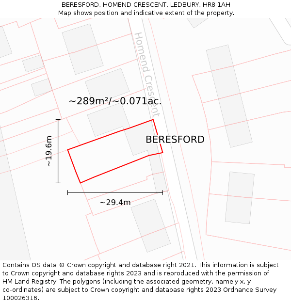 BERESFORD, HOMEND CRESCENT, LEDBURY, HR8 1AH: Plot and title map