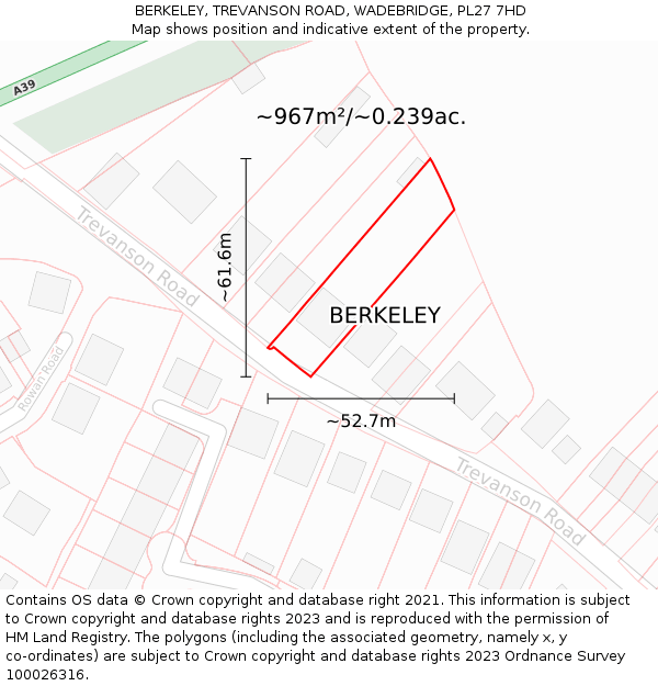 BERKELEY, TREVANSON ROAD, WADEBRIDGE, PL27 7HD: Plot and title map