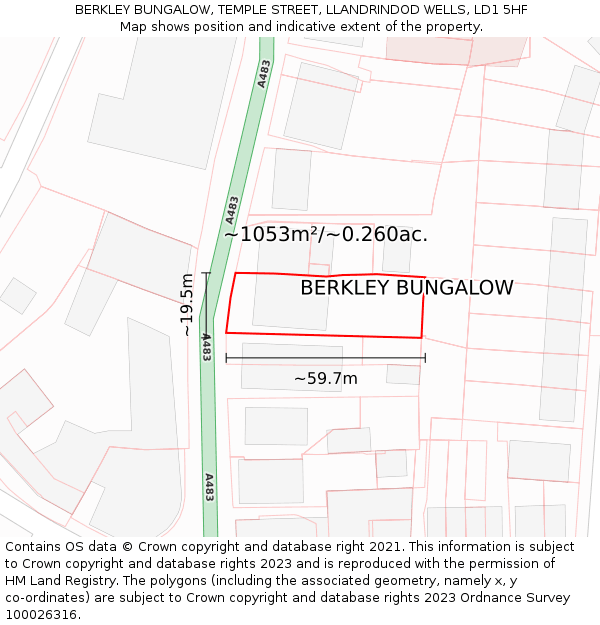 BERKLEY BUNGALOW, TEMPLE STREET, LLANDRINDOD WELLS, LD1 5HF: Plot and title map