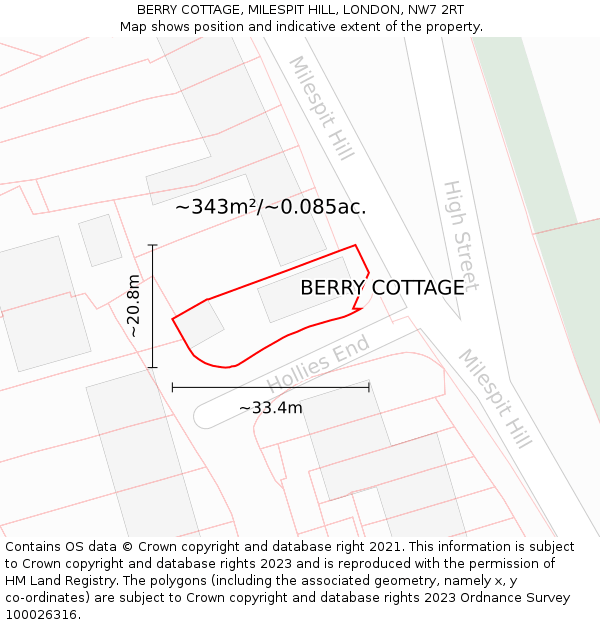 BERRY COTTAGE, MILESPIT HILL, LONDON, NW7 2RT: Plot and title map