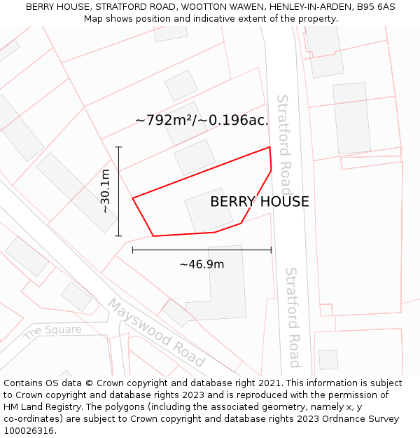 BERRY HOUSE, STRATFORD ROAD, WOOTTON WAWEN, HENLEY-IN-ARDEN, B95 6AS: Plot and title map