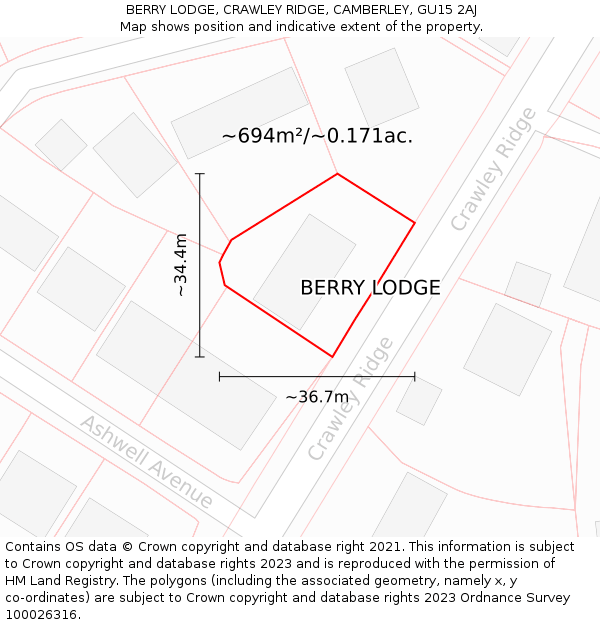 BERRY LODGE, CRAWLEY RIDGE, CAMBERLEY, GU15 2AJ: Plot and title map