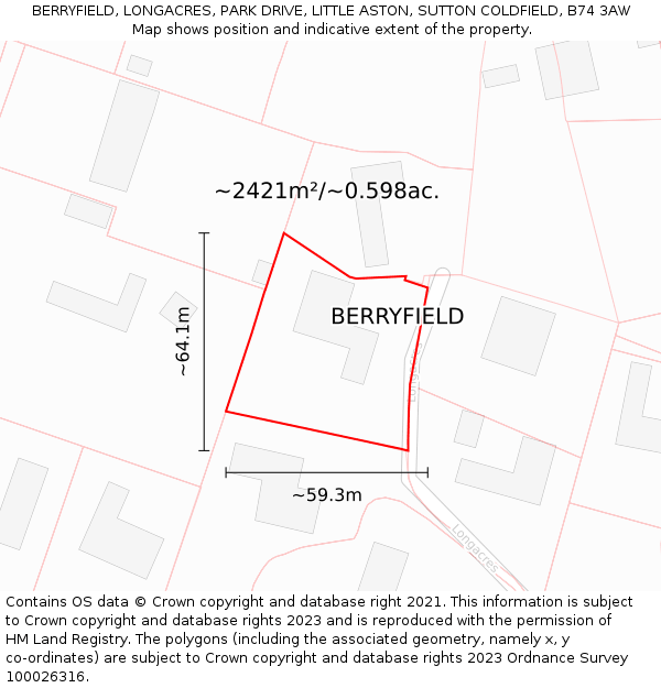 BERRYFIELD, LONGACRES, PARK DRIVE, LITTLE ASTON, SUTTON COLDFIELD, B74 3AW: Plot and title map