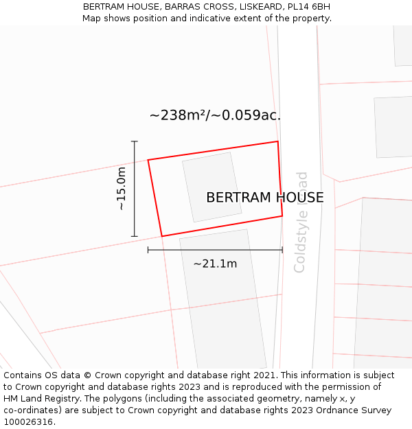 BERTRAM HOUSE, BARRAS CROSS, LISKEARD, PL14 6BH: Plot and title map