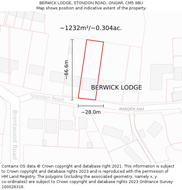BERWICK LODGE, STONDON ROAD, ONGAR, CM5 9BU: Plot and title map