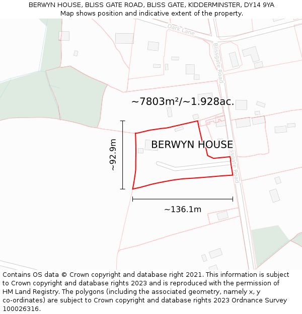 BERWYN HOUSE, BLISS GATE ROAD, BLISS GATE, KIDDERMINSTER, DY14 9YA: Plot and title map