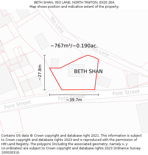 BETH SHAN, YEO LANE, NORTH TAWTON, EX20 2EA: Plot and title map