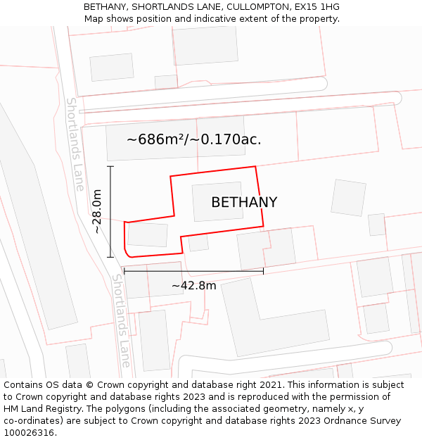 BETHANY, SHORTLANDS LANE, CULLOMPTON, EX15 1HG: Plot and title map