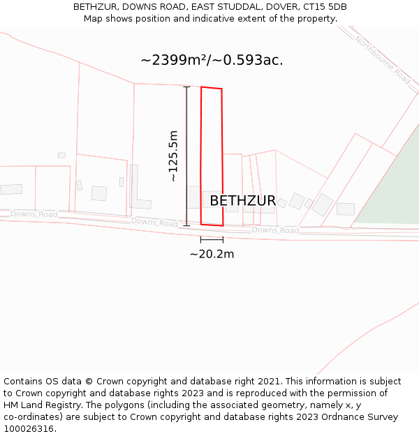 BETHZUR, DOWNS ROAD, EAST STUDDAL, DOVER, CT15 5DB: Plot and title map