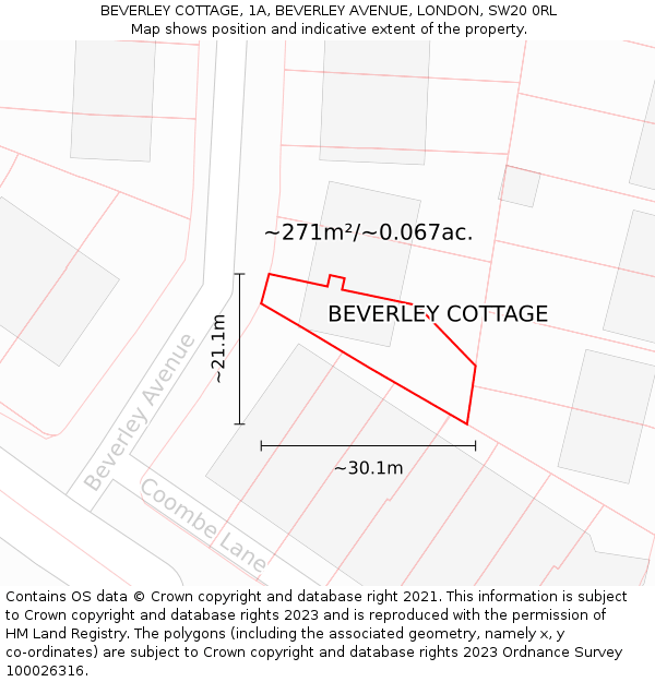 BEVERLEY COTTAGE, 1A, BEVERLEY AVENUE, LONDON, SW20 0RL: Plot and title map