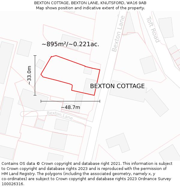 BEXTON COTTAGE, BEXTON LANE, KNUTSFORD, WA16 9AB: Plot and title map