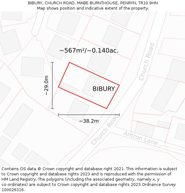 BIBURY, CHURCH ROAD, MABE BURNTHOUSE, PENRYN, TR10 9HN: Plot and title map