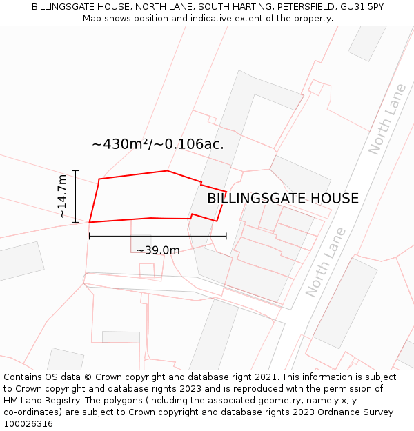 BILLINGSGATE HOUSE, NORTH LANE, SOUTH HARTING, PETERSFIELD, GU31 5PY: Plot and title map