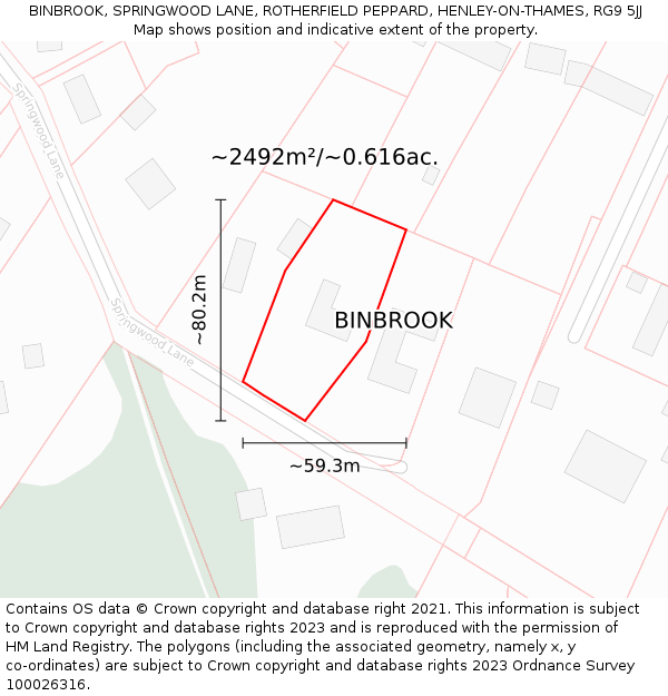 BINBROOK, SPRINGWOOD LANE, ROTHERFIELD PEPPARD, HENLEY-ON-THAMES, RG9 5JJ: Plot and title map