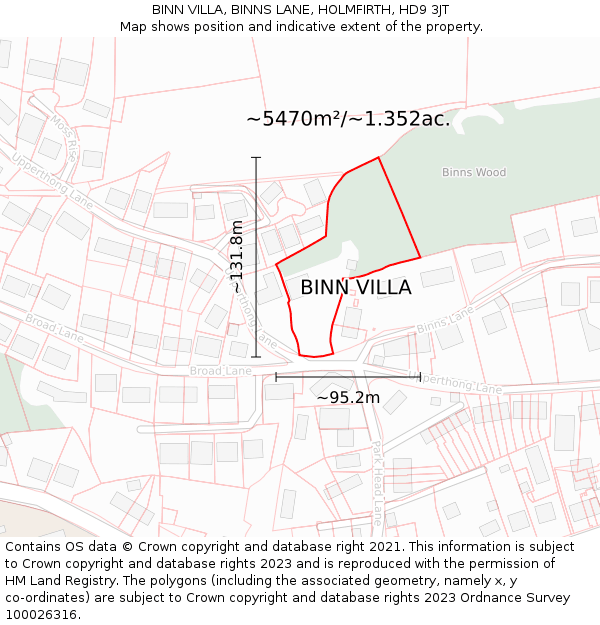 BINN VILLA, BINNS LANE, HOLMFIRTH, HD9 3JT: Plot and title map