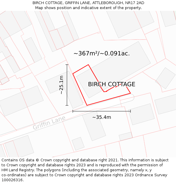 BIRCH COTTAGE, GRIFFIN LANE, ATTLEBOROUGH, NR17 2AD: Plot and title map
