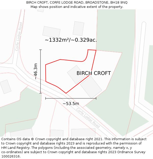 BIRCH CROFT, CORFE LODGE ROAD, BROADSTONE, BH18 9NQ: Plot and title map