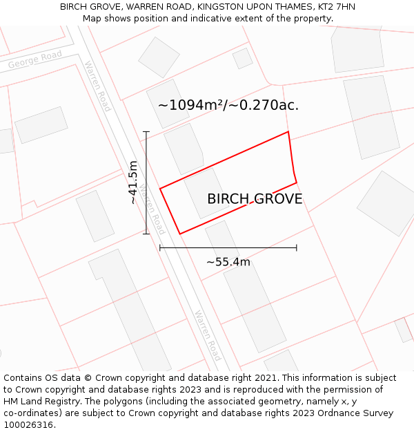 BIRCH GROVE, WARREN ROAD, KINGSTON UPON THAMES, KT2 7HN: Plot and title map
