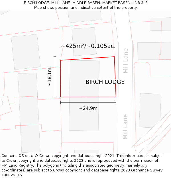 BIRCH LODGE, MILL LANE, MIDDLE RASEN, MARKET RASEN, LN8 3LE: Plot and title map