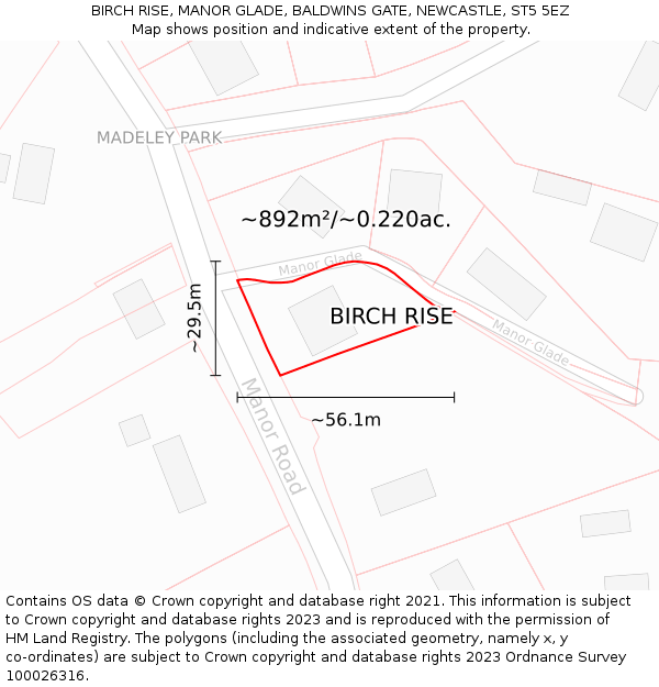 BIRCH RISE, MANOR GLADE, BALDWINS GATE, NEWCASTLE, ST5 5EZ: Plot and title map