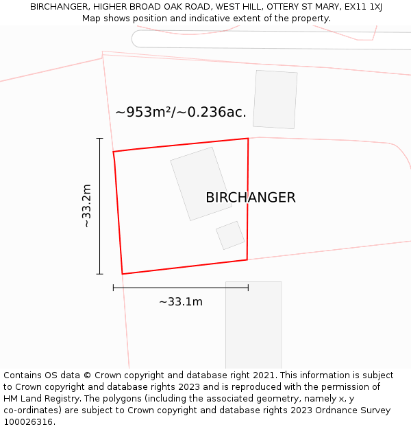 BIRCHANGER, HIGHER BROAD OAK ROAD, WEST HILL, OTTERY ST MARY, EX11 1XJ: Plot and title map