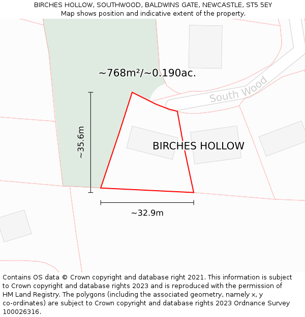 BIRCHES HOLLOW, SOUTHWOOD, BALDWINS GATE, NEWCASTLE, ST5 5EY: Plot and title map