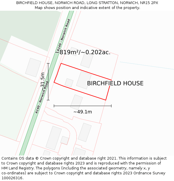 BIRCHFIELD HOUSE, NORWICH ROAD, LONG STRATTON, NORWICH, NR15 2PX: Plot and title map