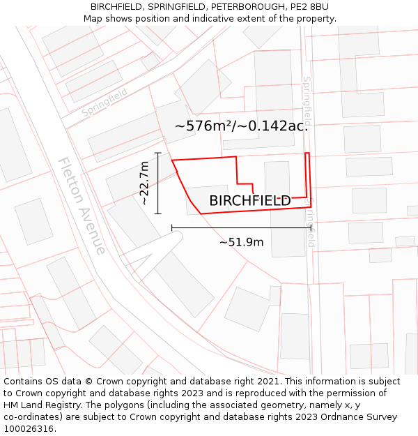 BIRCHFIELD, SPRINGFIELD, PETERBOROUGH, PE2 8BU: Plot and title map