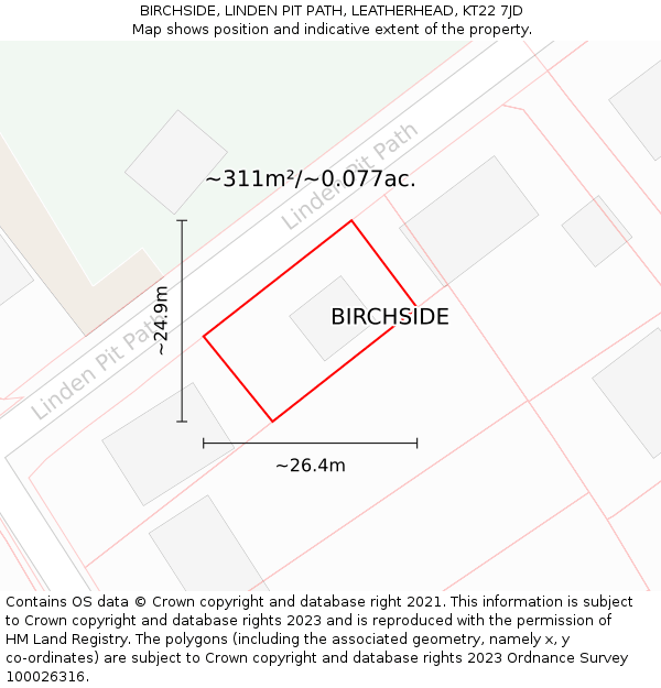 BIRCHSIDE, LINDEN PIT PATH, LEATHERHEAD, KT22 7JD: Plot and title map