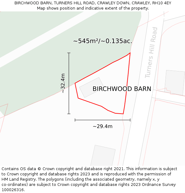 BIRCHWOOD BARN, TURNERS HILL ROAD, CRAWLEY DOWN, CRAWLEY, RH10 4EY: Plot and title map