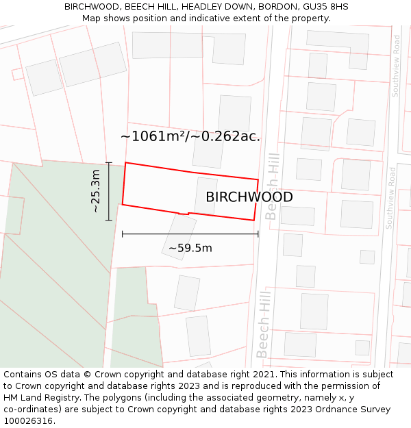 BIRCHWOOD, BEECH HILL, HEADLEY DOWN, BORDON, GU35 8HS: Plot and title map