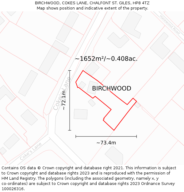 BIRCHWOOD, COKES LANE, CHALFONT ST. GILES, HP8 4TZ: Plot and title map