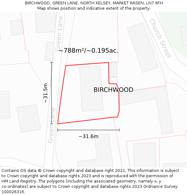 BIRCHWOOD, GREEN LANE, NORTH KELSEY, MARKET RASEN, LN7 6FH: Plot and title map