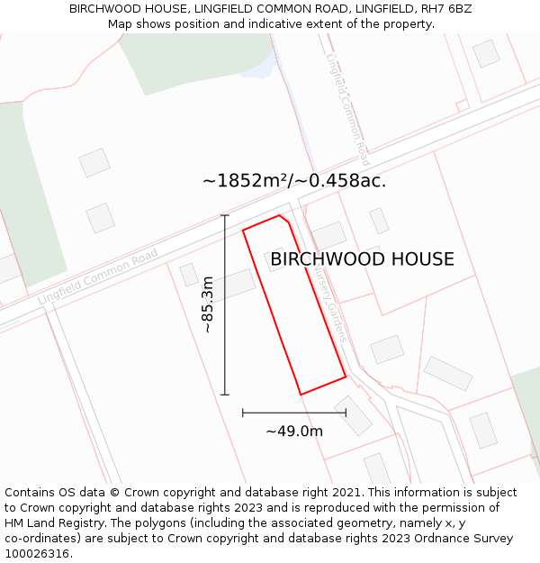 BIRCHWOOD HOUSE, LINGFIELD COMMON ROAD, LINGFIELD, RH7 6BZ: Plot and title map