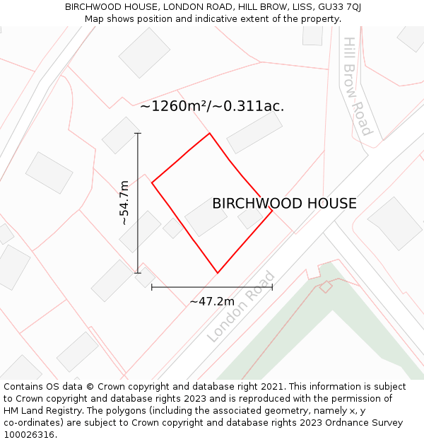 BIRCHWOOD HOUSE, LONDON ROAD, HILL BROW, LISS, GU33 7QJ: Plot and title map