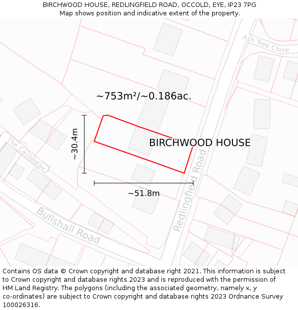 BIRCHWOOD HOUSE, REDLINGFIELD ROAD, OCCOLD, EYE, IP23 7PG: Plot and title map