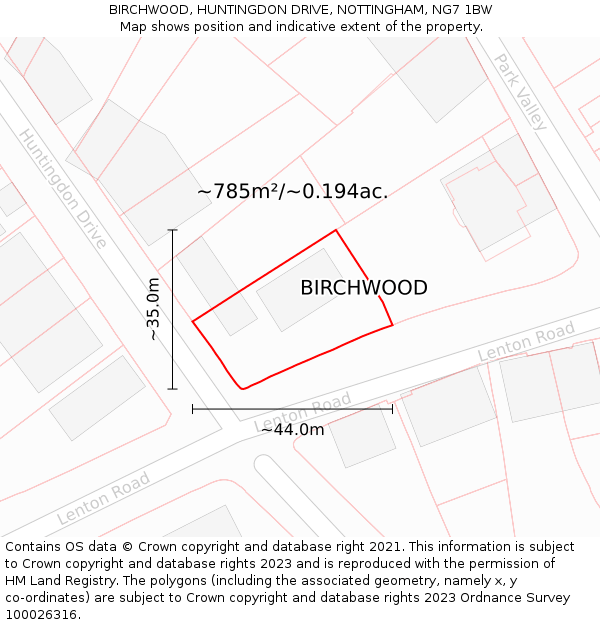 BIRCHWOOD, HUNTINGDON DRIVE, NOTTINGHAM, NG7 1BW: Plot and title map